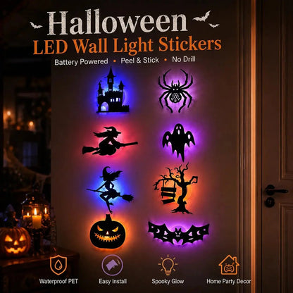 💥50% OFF - 🎃8 Pack Halloween LED Silhouette Wall Light Stickers, Battery Powered Peel & Stick Decor Lights