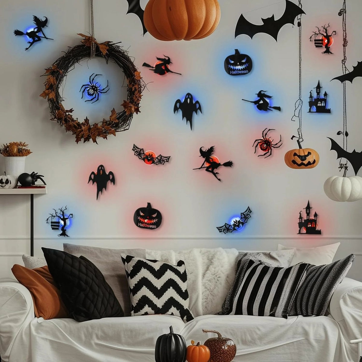 💥50% OFF - 🎃8 Pack Halloween LED Silhouette Wall Light Stickers, Battery Powered Peel & Stick Decor Lights