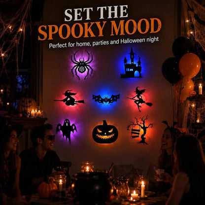 💥50% OFF - 🎃8 Pack Halloween LED Silhouette Wall Light Stickers, Battery Powered Peel & Stick Decor Lights