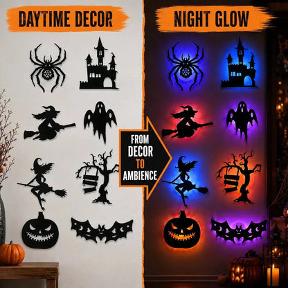 💥50% OFF - 🎃8 Pack Halloween LED Silhouette Wall Light Stickers, Battery Powered Peel & Stick Decor Lights