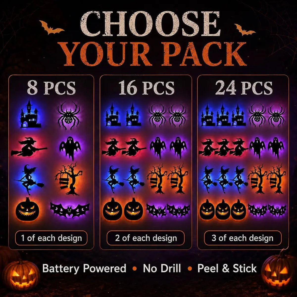 💥50% OFF - 🎃8 Pack Halloween LED Silhouette Wall Light Stickers, Battery Powered Peel & Stick Decor Lights