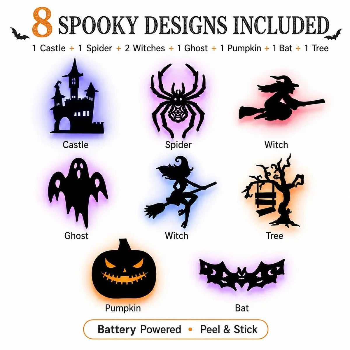 💥50% OFF - 🎃8 Pack Halloween LED Silhouette Wall Light Stickers, Battery Powered Peel & Stick Decor Lights