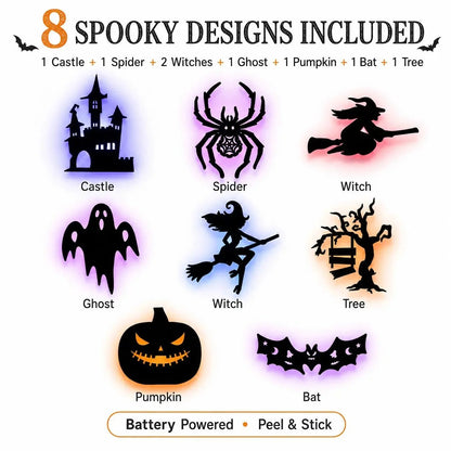 💥50% OFF - 🎃8 Pack Halloween LED Silhouette Wall Light Stickers, Battery Powered Peel & Stick Decor Lights