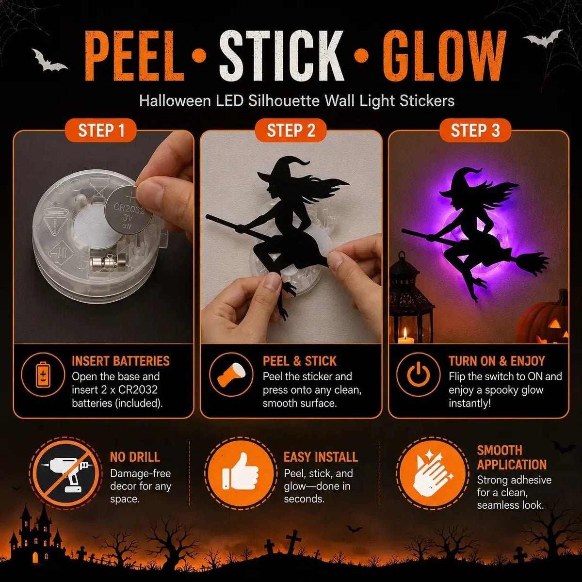 💥50% OFF - 🎃8 Pack Halloween LED Silhouette Wall Light Stickers, Battery Powered Peel & Stick Decor Lights