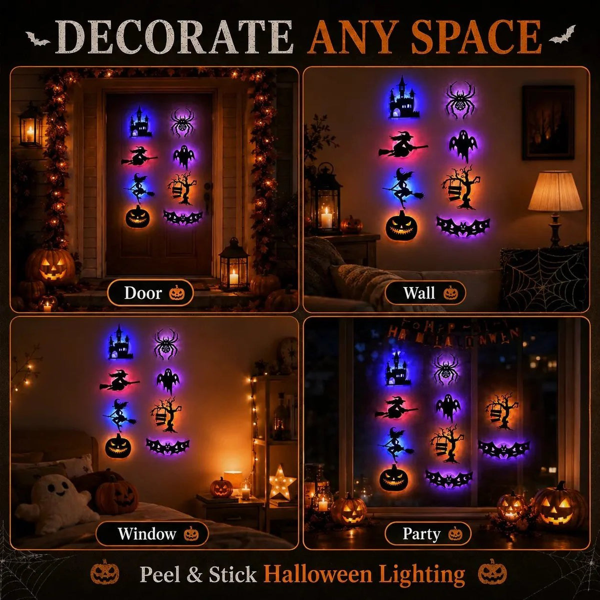 💥50% OFF - 🎃8 Pack Halloween LED Silhouette Wall Light Stickers, Battery Powered Peel & Stick Decor Lights